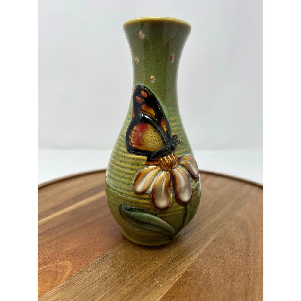 Green Ceramic Butterfly Flower Bud Vase Tabletop Accent‎ Decor